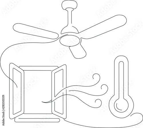 Continuous line illustration of an open window, ceiling fan and thermometer with flowing air, representing natural home cooling, ventilation, indoor airflow, temperature control and summer heat relief