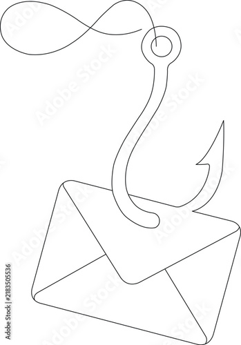 Phishing email with fishing hook in continuous line art, illustrating cybercrime, online scams, data theft and digital security threats