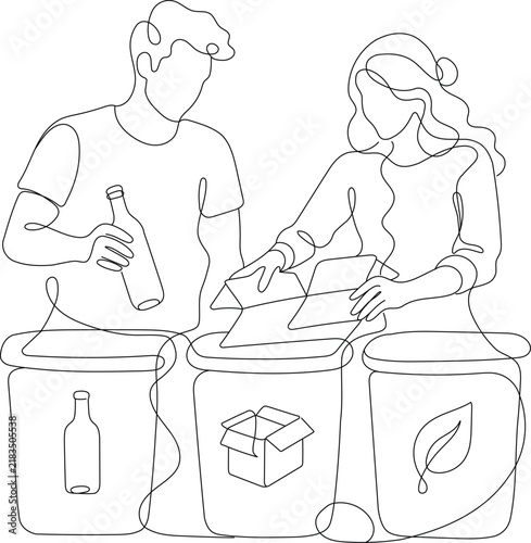 Continuous line illustration of two people sorting bottles, cardboard and recyclable materials into separate waste bins, representing recycling, waste separation, sustainable living, zero waste