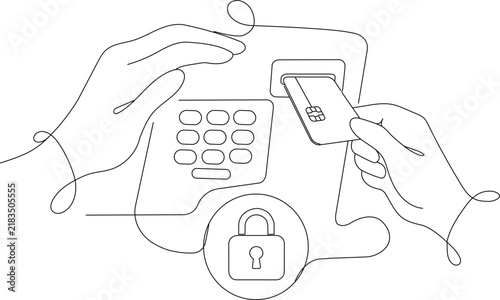 Continuous line illustration of hands using a bank card at a payment terminal with keypad and padlock symbol, representing secure card payment, PIN verification, transaction security, banking 