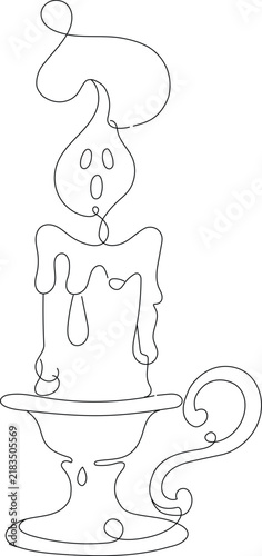 Spooky Halloween candle with ghost face and melting wax in continuous line art, ideal for haunted, creepy and seasonal designs