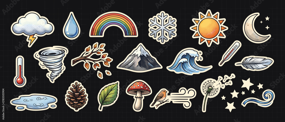Obraz premium Weather nature sticker icons vector set with rainbow snowflake sun moon mountain wave mushroom pinecone feather leaf comic retro style seasonal graphics