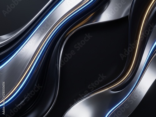 Obraz na plátně Abstract liquid metal background with blue and gold neon light streaks