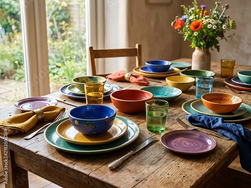 Colorful ceramic bowls and plates set on a rustic wooden dining table with flowers. multicolored tableware setup