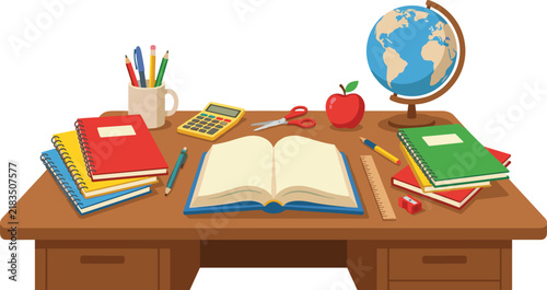 Flat design vector illustration of a teacher's desk with books, globe, calculator, and school supplies, isolated on white.