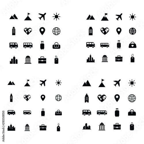 Travel Destination and Vacation Icon Collection with Adventure Mountain Airplane Sun World Globe Transport and Luggage