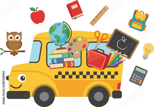 Whimsical yellow school bus illustration filled with educational supplies, isolated on white background
