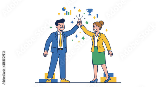 Business man and woman giving high five celebrating successful teamwork and professional achievement.