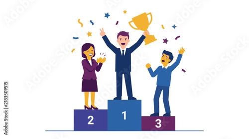 Successful business team celebrating first place victory on a winner podium with a gold trophy cup