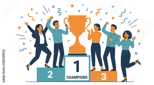 Successful business team celebrating victory with a giant gold trophy on a winner podium with confetti