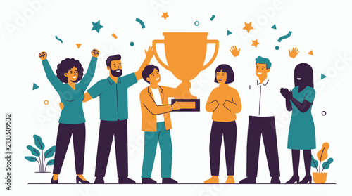 Happy Diverse Team of Business People Celebrating Success and Holding a Big Golden Trophy Together