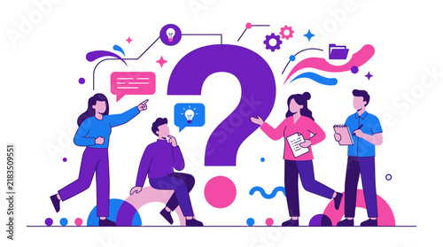 Group of Diverse People Brainstorming and Finding Solutions Around a Giant Question Mark Concept