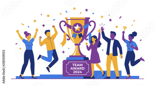 Successful Business Team Celebrating Achievement with a Giant Gold Trophy Cup for Team Award 2024