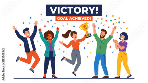 Diverse Business Team Celebrating Victory and Goal Achievement with Trophy and Falling Confetti