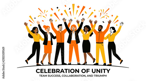 Diverse Business Team Celebrating Professional Success and Unity with Raised Hands and Confetti