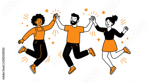 Happy Diverse Team of Three People Jumping and Giving High Five Celebrating Success and Teamwork
