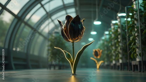 Glowing black tulip flower with vibrant golden edges stands elegantly in a modern futuristic greenhouse under soft dim studio lighting
