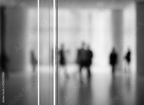 Blurred business people walking in office corridor. Abstract motion of professionals in modern building hallway. Soft focus black and white background for text. Corporate teamwork concept.