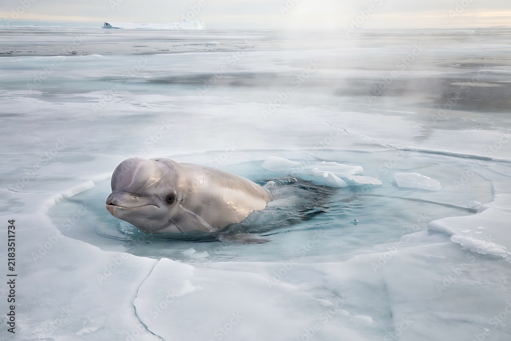 Naklejka premium Beluga Whale In Icy Water Under Soft Sunlight