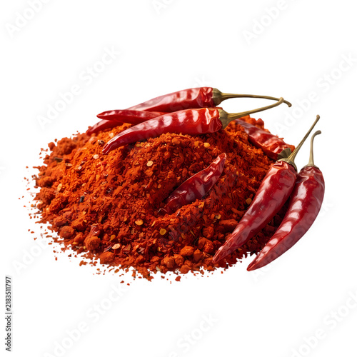 Pile of red cayenne pepper powder and whole dried chili peppers isolated on white background