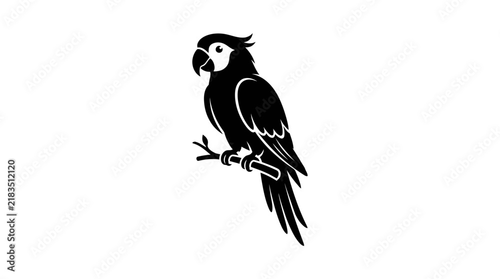 Fototapeta premium Black silhouette of a macaw perched on a branch against a white background