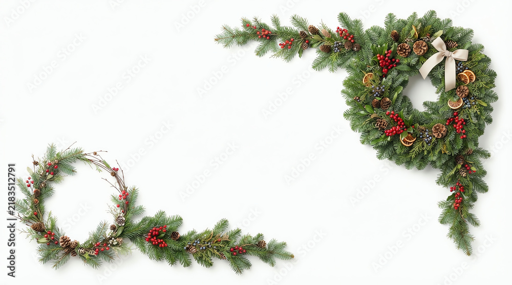 Fototapeta premium Decorative christmas wreath and garland corner border arrangement with pine branches and red berries on white background