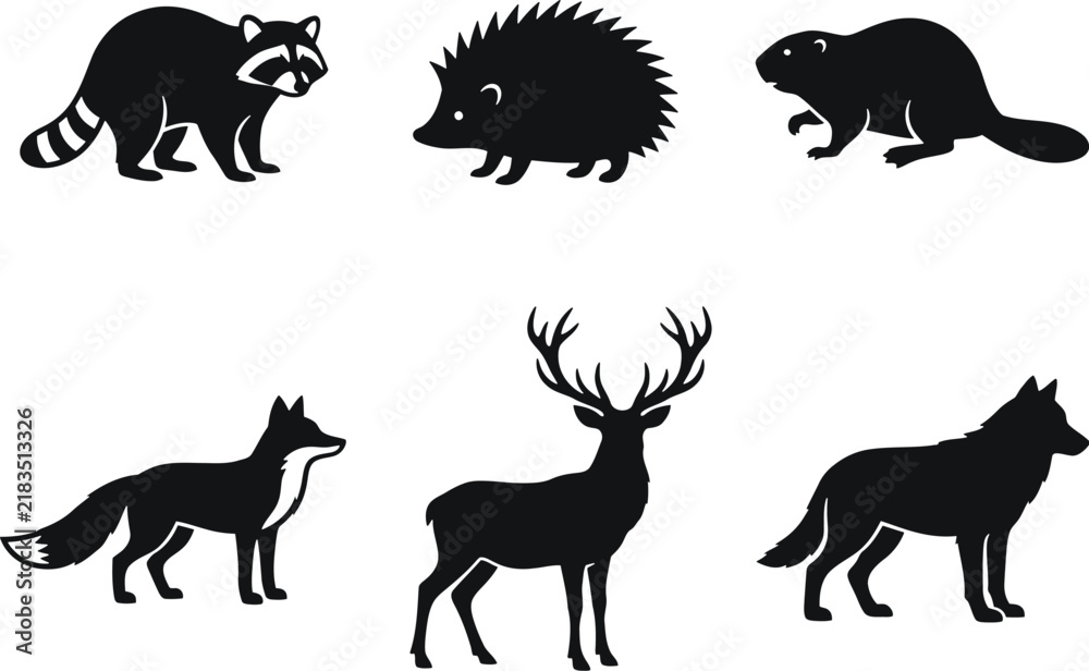 Obraz premium Forest animal silhouettes, 6 woodland creature icons, black wildlife vector set