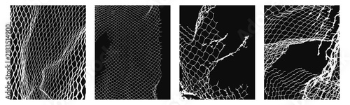 Fishnet mesh texture overlay set with distorted stretched net pattern. Black and white grunge background collection for punk poster, streetwear, textile, fashion and graphic design. Vector