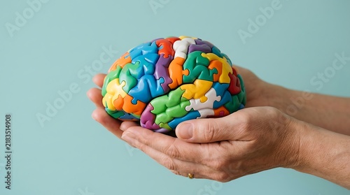 Hands holding a colorful jigsaw puzzle brain model representing mental health and awareness