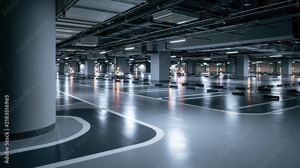 Obraz premium Modern Underground Parking Garage with Reflective Floors and Artificial Lighting