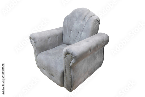 Grey velvet sofa isolated on transparent background.