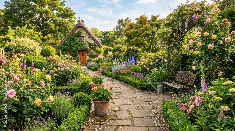 Obraz premium Enchanting English Cottage Garden with Stone Path and Blooming Flowers in Summer