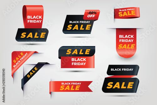 Set of black and red promotional ribbons and banners for black friday sales