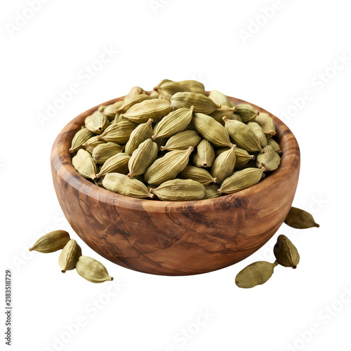 Green cardamom pods in a wooden bowl isolated on white background.