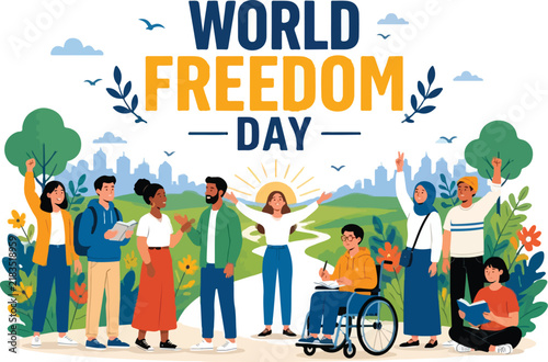 World Freedom Day Vector Illustration Of Diverse People Celebrating Individual Rights Equality And Liberty In Modern Flat Design Style