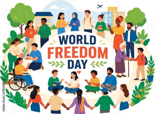 World Freedom Day Unity In Diversity Flat Vector Illustration Of Diverse People In Peace