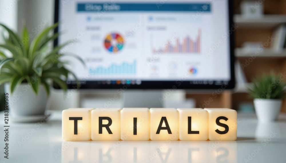 Obraz premium Healthcare research desk with TRIALS blocks below an analytics screen for clinical study charts, endpoint review, patient data and trial reporting.
