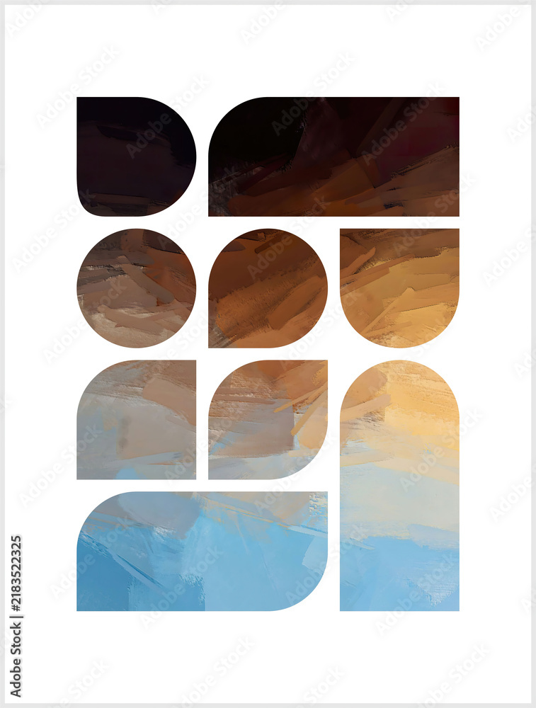 Fototapeta premium Deep, shadowy umbers and warm ochres at the top descend into crisp sky and ocean blues below, evocative of a landscape transitioning from grounded earth to open sky. 23