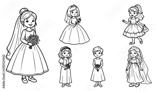 Cute Bride Flower Girl Coloring Page Wedding Dress Bouquet Veil Kids Character Set Line Art Illustration Collection