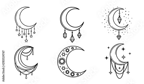 Crescent Moon Boho Line Art Set Star Sun Chain Crystal Jewelry Celestial Mystic Icon Illustration Collection Vector