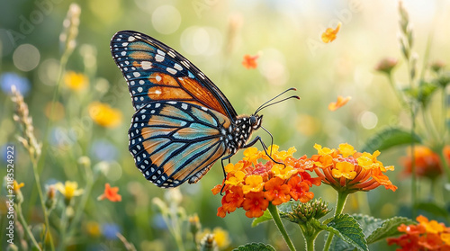 Monarch butterfly perched on orange lantana flowers nature photography