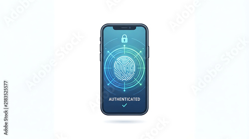 Smartphone displaying a fingerprint biometric authentication interface with a digital lock icon