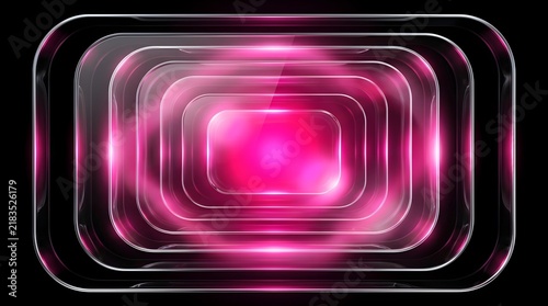Concentric rectangles with a pink glow illuminate a black background