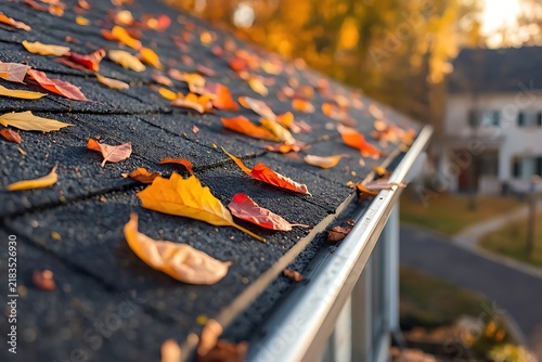 Autumn leaves covering residential roof gutter system