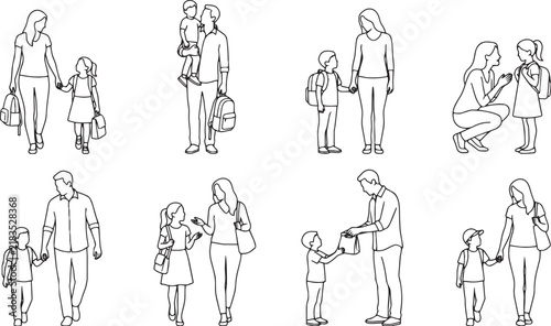 Parents and Children Walking to School Holding Hands and Carrying Bags