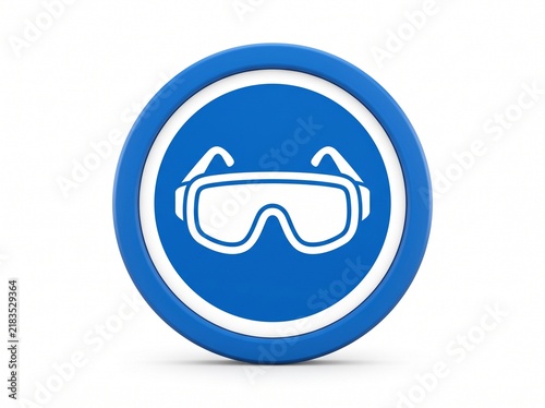 Mandatory eye protection safety goggles icon symbol on blue circular sign for industrial workplace health and safety