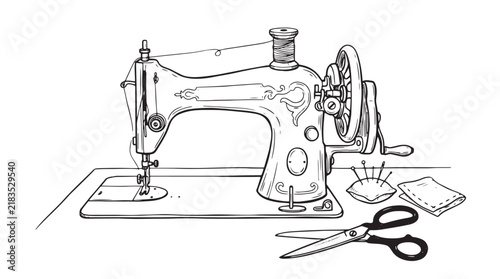 Foto Vintage sewing machine vector illustration, antique manual tailor equipment with