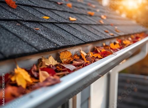 Gutter filled with colorful autumn leaves under roof
