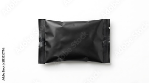 Black packaging candy plastic sachet mockup isolated on white background.