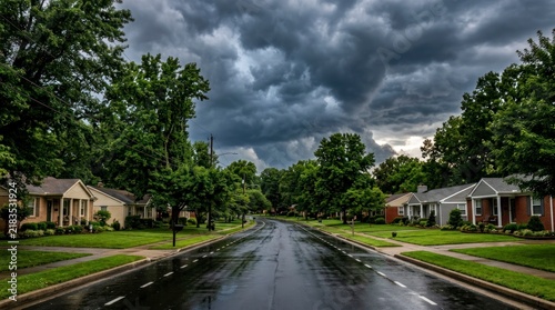 Residential street after rain with dramatic storm clouds, houses on a quiet suburban road in summer.